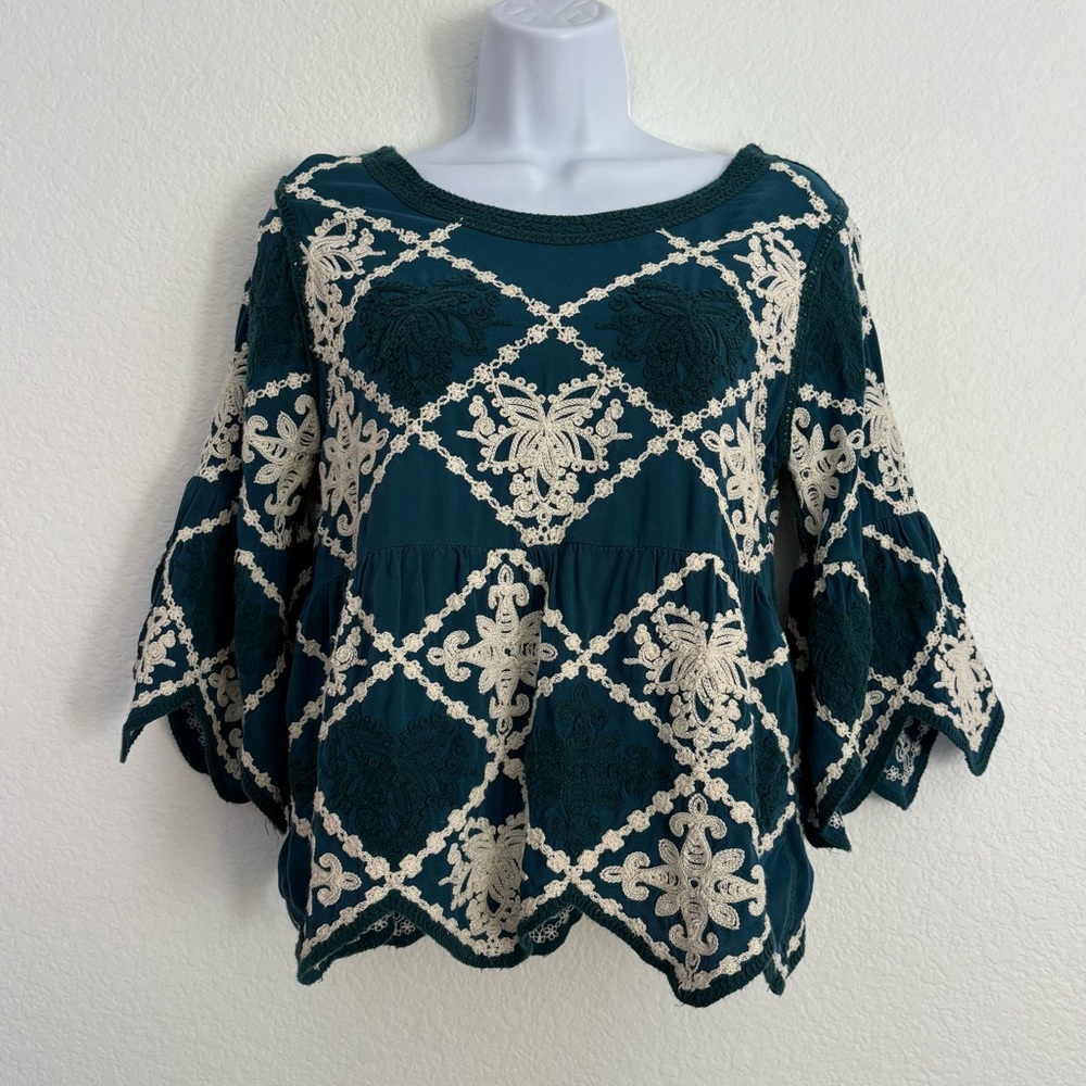 Kindred Anthropologie Bohemian Floral Embroidered Blouse Medium‎